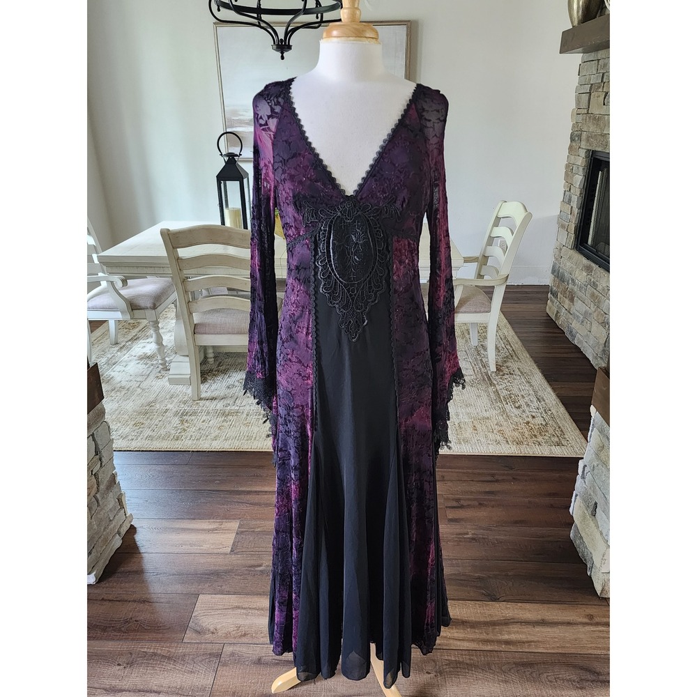 Punk Rave Womens Purple Black Lace Gothic Gown Witchy Dark Fairy Renaissance